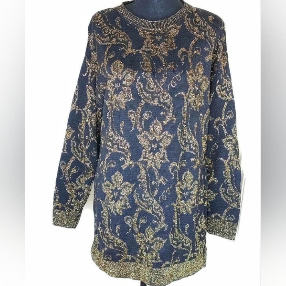 Pierre Cardin VTG 80s USA Women S Glam Gold Metallic Floral Black Sweater Tunic